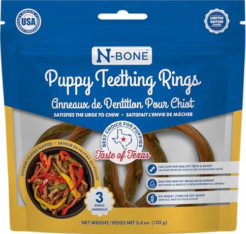 N-Bone Puppy Teething Rings, Taste of Texas Chicken Fajitas Flavor, Natural Puppy Teething Chews, Helps Soothe Teething Gums, Calcium Enriched Chew Treats, 3 Rings by N-Bone