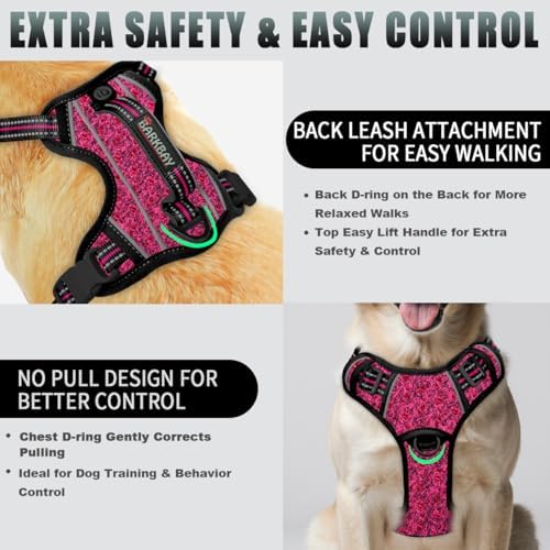 BARKBAY No Pull Dog Harness Large Reflective Dog Harness with Front Clip and Easy Control Handle for Walking Training Running with ID tag Pocket(Pink/Black,M) - Image 3