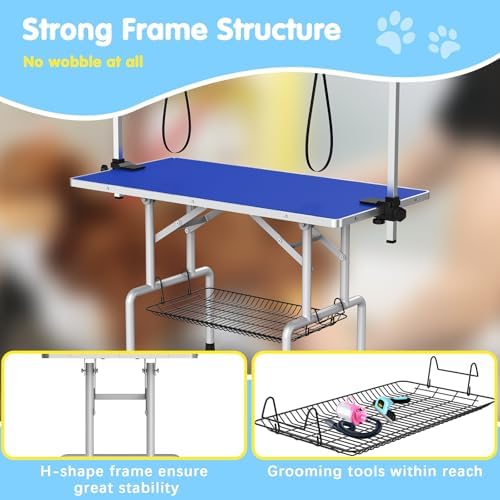 Lyromix 42'' Foldable Dog Grooming Table with Arms/Nooses/Mesh Tray, Blue - Image 4