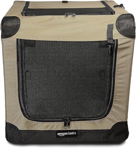 Amazon Basics Portable Folding Soft Dog Crate, 2-Door, Collapsible Travel Kennel, Top & Front Loading, Small 26" x 18" x 18", Tan - Image 4