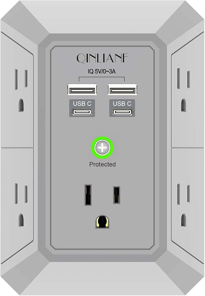 USB Wall Charger, Surge Protector, QINLIANF 5 Outlet Extender with 4 USB Charging Ports(2U2C) 3-Sided 1680J Power Strip Multi Plug Outlets Wall Adapter Spaced for Home Travel Office, Grey by QINLIANF