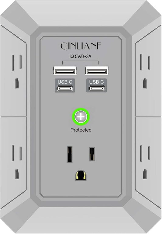 USB Wall Charger, Surge Protector, QINLIANF 5 Outlet Extender with 4 USB Charging Ports(2U2C) 3-Sided 1680J Power Strip Multi Plug Outlets Wall Adapter Spaced for Home Travel Office, Grey by QINLIANF