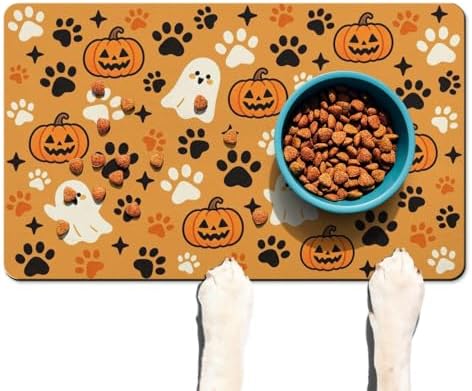 Halloween Dog Food & Water Mat, Orange Pumpkin Ghost Paw Prints Pet Feeding Mat for Floor Non-Slip Waterproof, Super Absorbent Cat Bowl Mat, Easy to Clean Pet Placemat,16" × 24" - Image 7