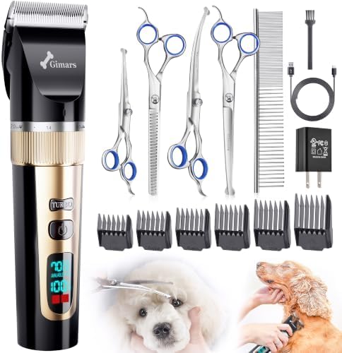 Gimars Cordless 4 Speed 7000rpm Dog Clippers with 6 in 1 4CR Stainless Steel Dog Grooming Scissors Kits, Low Noise 55db Rechargeable Pet Hair Thick Coat Trimmer Cat Shaver Clippers Kit for Cat Pet by Gimars