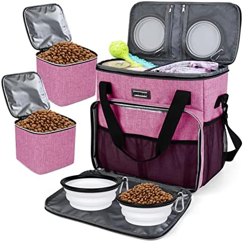 BAGLHER Dog Travel Bag, Pet Travel Bag (ALL Pet Travel Supplies), With 2 Pet Food Containers and 2 Collapsible Silicone Bowls; Essential Kits for Pet Travel Pink by BAGLHER