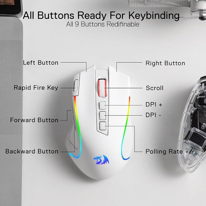 Redragon M612 Wireless RGB Optical Gaming Mouse 8000 DPI Remapping Keys | Cable-Free 0 Delay, Redefine Keybinding Macro, Vibing Backlight, Ergonomic Grip Body Comfort - Image 5