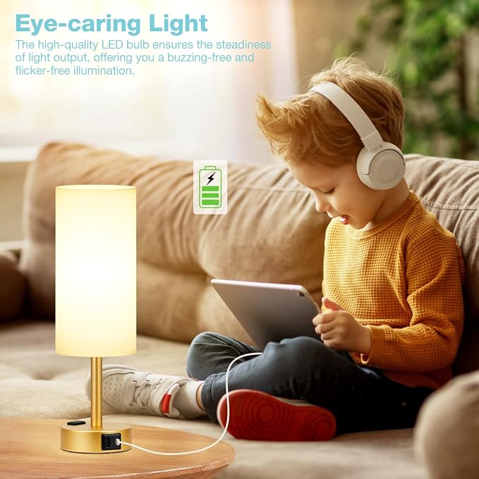 Fenmzee Gold Touch Lamp for Bedroom- 3 Way Dimmable Bedside Lamp USB C A Charging Ports and AC Outlet, Small Table Lamp White Linen Lampshade for Gift, LED Bulb Included - Image 4
