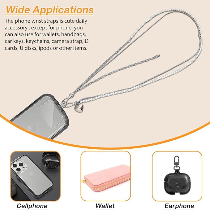 Phone Crossbody Lanyard Double Phone Lanyard,Pearl Chain&Metal Chain Double Universal Phone Strap with Phone Tether Patches for Most Phone(K) - Image 4