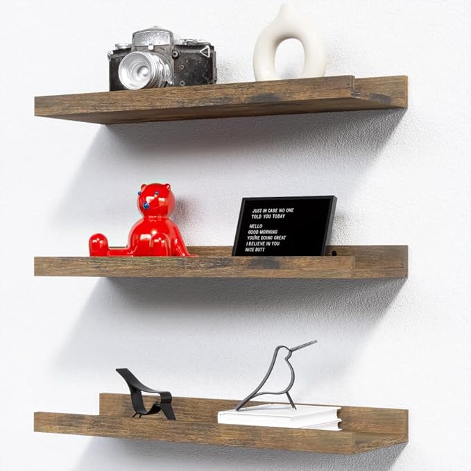 RICHER HOUSE 3-Set Floating Shelves with Lip, Brown Small Wall Shelf, 16In | Display Picture Ledge Shelf, Anti-drop lip Shelf for Room Wall Decor, Bedroom Bathroom Storage Nursery Books, Easy Setup,Wood by RicherHouse