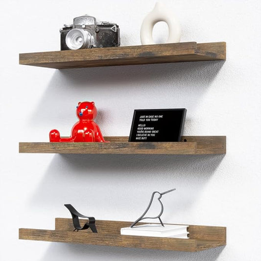 RICHER HOUSE 3-Set Floating Shelves with Lip, Brown Small Wall Shelf, 16In | Display Picture Ledge Shelf, Anti-drop lip Shelf for Room Wall Decor, Bedroom Bathroom Storage Nursery Books, Easy Setup,Wood by RicherHouse
