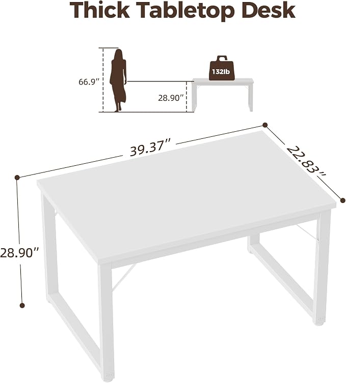 Mericonia 40 Inch Computer Desk, 1" Thick Small Office Table, White | Modern Simple Style, Heavy Duty Industrial Frame, Small Study & Writing Table for Home Bedroom Work - Image 2