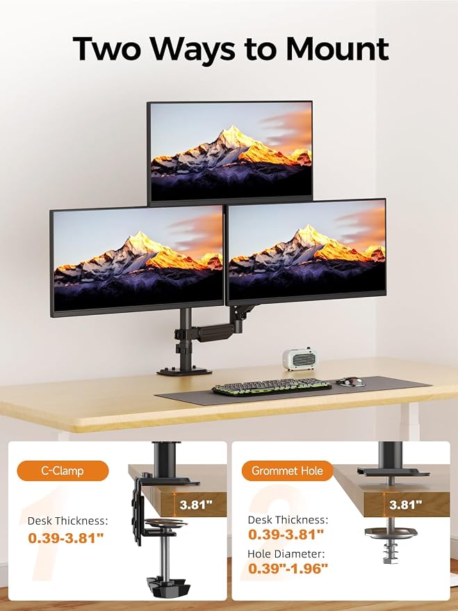 Bracwiser Triple Monitor Mount for Max 34" Screens, up to 24.25lbs Each, Full Adjustable 3 Monitor Desk Stand, Three Gas Spring Arm with Tilt Swivel Rotation, VESA 75x75/100x100mm, Black, MDX883B - Image 9