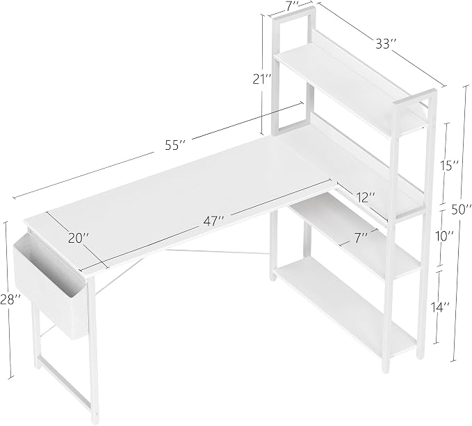 Treesland 55 Inch Computer Desk with Bookshelf, Corner Desk with Storage, L Shaped Desk, Home Office Desks, Writing Study Desk for Bedroom, White - Image 3