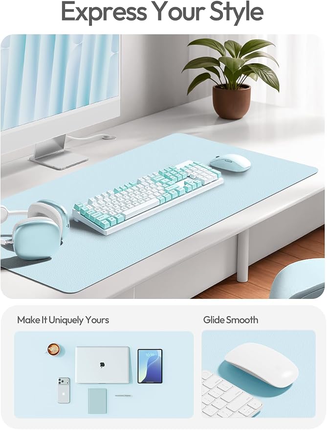 YSAGi Leather Desk Protector, Office Mat, Large Mouse Mat, Non-Slip PU Leather Blotter, Laptop Desk Pad, Waterproof Writing Pad for Office and Home (Baby Blue, 31.5" x 15.8") - Image 2