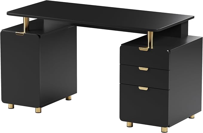 Techni Mobili 57"W Computer Desk w/ 3 Drawers & Storage Cabinet, Black/Gold | Home office workstation, durable construction, everyday productivity, Ideal for home office, Workspace organization - Image 8