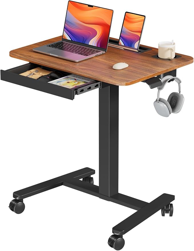 28" Mobile Standing Desk with Drawer, Portable Laptop Desk | Rolling Desk with Cup Holder and Hooks, Height Adjustable Computer Cart with Storage, Lockable & Hidden Wheels, Dark Wood by JYLHJOYSEEKER