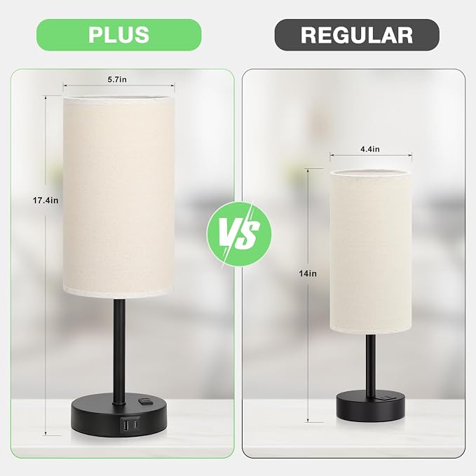 Dicoool 17.4" Bedside Lamp for Bedroom - Dimmable Touch, USB A+C, AC Outlet | LED Bulb Included, 3-Way Dimmable, 17.4" Table Lamp for Living Room, Dorm, Beige Fabric Lampshade, Black Metal Base - Image 2