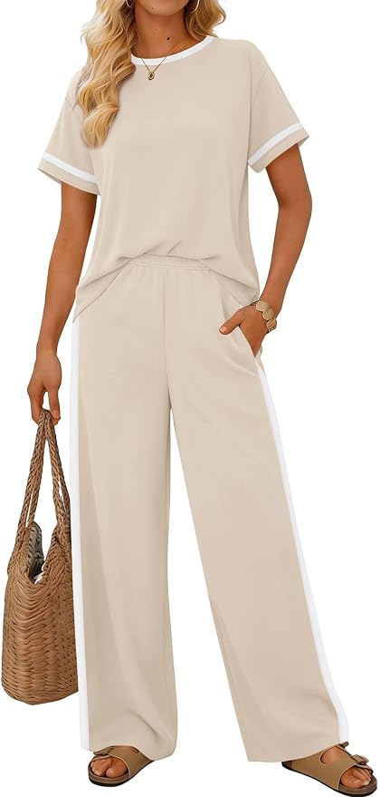 Sampeel 2 Piece Sets for Women Matching Sets Summer Outfits Resort Wear Short Sleeve Lounge Set Wide Leg Pants with Pockets - Image 2