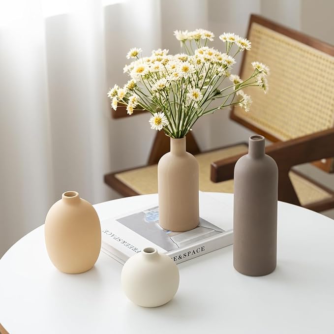 Modern Ceramic Vase Set, Neutral Colors, Decorative Vases for Home Shelf Decor, 4 Piece Collection, Happy Birthday Gifts for Women Mom Her Friend Sister Wife Grandma, Self Care Gift (Coffee Mix set 4) - Image 5