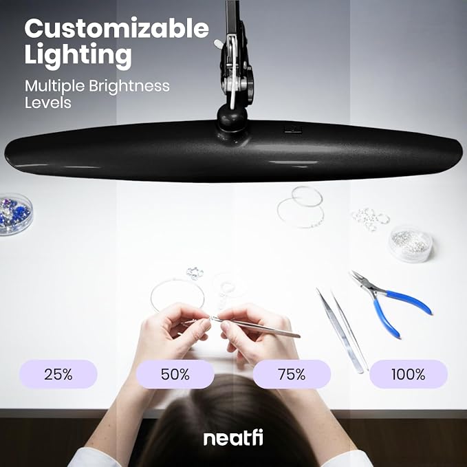 Neatfi XL 2200 Lumens 24W LED Desk Lamp – Shadow-Free Task Lighting | 4-Level Dimming | Home Office & Crafts Use | 20-Inch Wide Head (Black, Non-CCT with Clamp) - Image 8