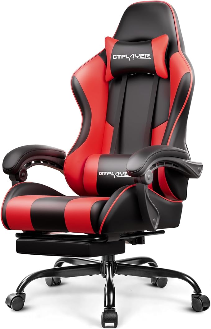 GTPLAYER Gaming Chair, Computer Chair with Footrest and Lumbar Support, Height Adjustable Game Chair with 360°-Swivel Seat and Headrest and for Office or Gaming (Faux Leather, Red) by GTPLAYER