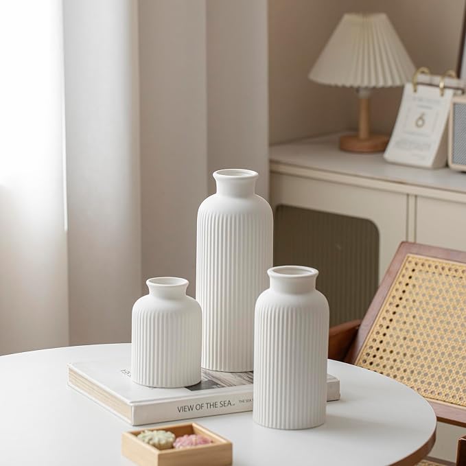 Large Modern Ceramic Vase Set, White Ribbed Matte Design, 3-Piece Decorative Vases for Home, Living Room, Office (XL White) - Image 8