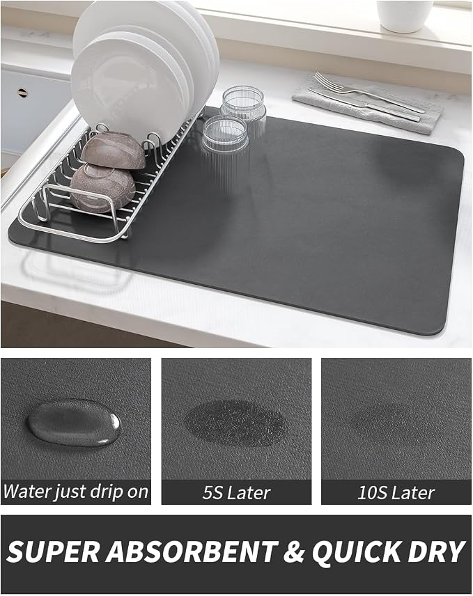AMOAMI-Coffee Mat Hide Stain Rubber Backed Absorbent Dish Drying Mat for Kitchen Counter-Coffee Bar Accessories Fit Under Coffee Maker, Espresso Machine, Pot, Dish Rack,16"x24" Dark Grey - Image 3