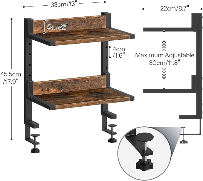 HOOBRO Clamp On Desk Shelf, 2-Tier Desktop Organizer, Space-Saving Desk Shelf with Adjustable Shelves, for Office, Study, Entertainment Accessories, Rustic Brown and Black BF32SJ01 - Image 2