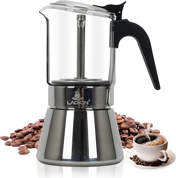 LAOION Stovetop Espresso Maker, 6Cup 240ml Moka Pot, Cuban Coffee Maker | Crystal Glass-top & Stainless Steel Coffee Maker Mocha Pot, Greca De Cafe, Cuban and Italian Coffee Maker for Cafetera Cubana by LAOION