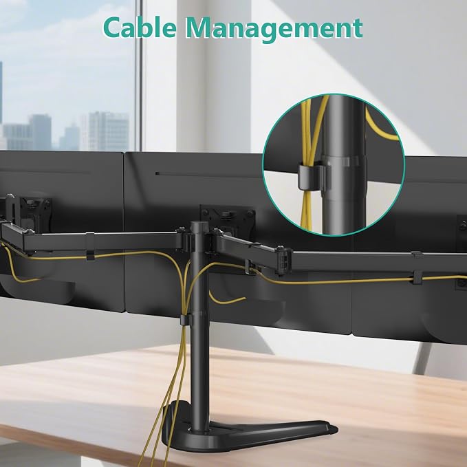 WALI Free Standing Triple Monitor Mount, Heavy Duty Triple Monitors Stand for 13-27 inch Screens, Adjustable 3 Monitor Arm Desk Mount with Swivel, Tilt, Rotation, Grommet Base (MF003N), Black - Image 6