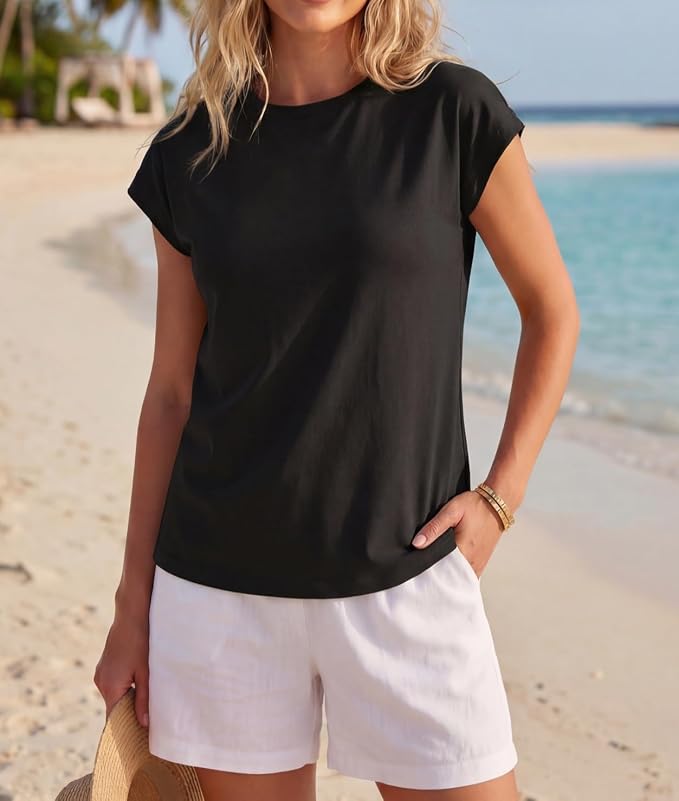 GRECERELLE Womens Summer Tops Cap Sleeve Crew Neck Basic T-Shirt | Everyday Casual Wear, Layering Friendly, Wrinkle-Resistant, Business Casual Ready, Lightweight & Packable, Capsule Wardrobe - Image 3