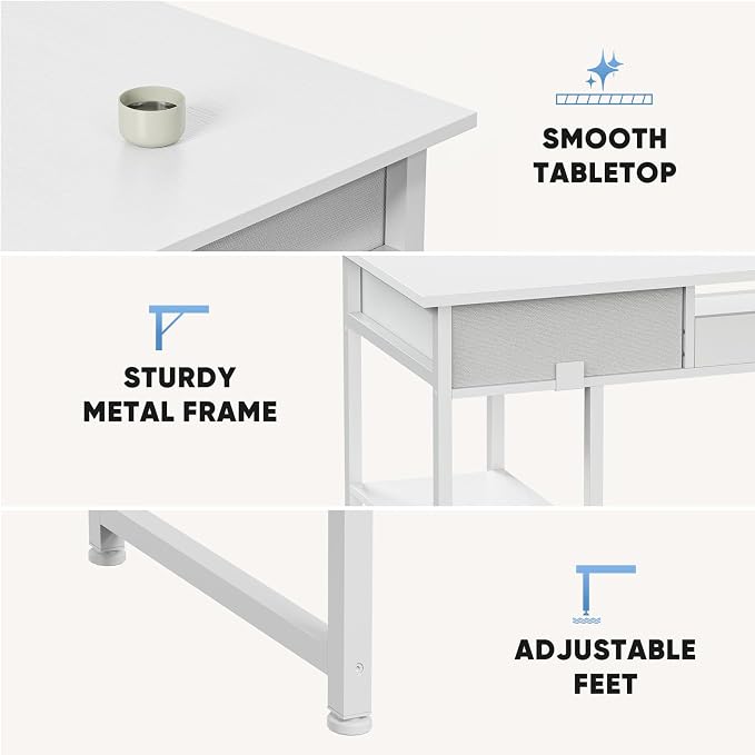 DUMOS 48-Inch Computer Desk with Drawers, Hook and Side Bag, White | Home Office Desk for Bedroom, Gaming Writing Study Desk with Adjustable Feet - Image 6