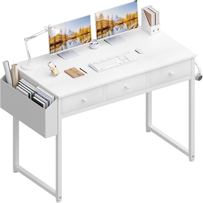 Lufeiya Small White Computer Desk with Drawers for Home Office Bedroom, 40 Inch Vanity Desk with Fabric Drawer Storage and Side Pouch, Study Writing Table, White by LUFEIYA