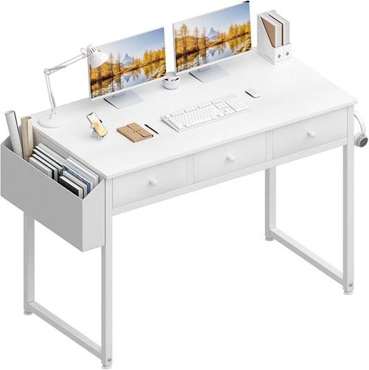 Lufeiya Small White Computer Desk with Drawers for Home Office Bedroom, 40 Inch Vanity Desk with Fabric Drawer Storage and Side Pouch, Study Writing Table, White by LUFEIYA