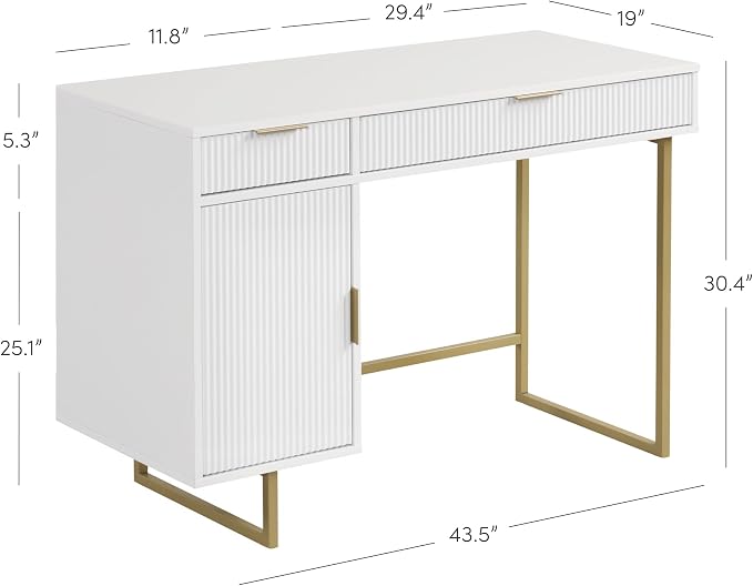 Nathan James Jacklyn White Modern Computer Desk, Workstation or Writing Desk for Small Spaces with Drawers and Cabinet Storage, White/Pale Gold - Image 2