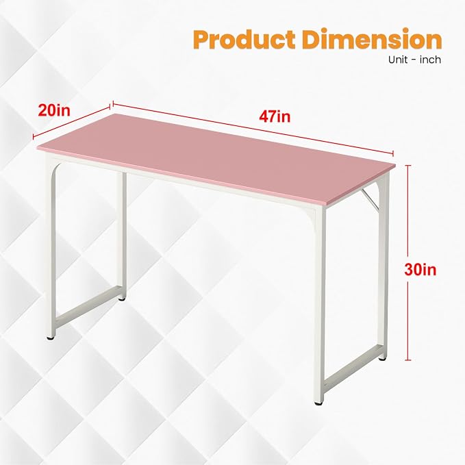 PayLessHere | 47 Inch Computer Desk | Pink | Office Desk with Metal Frame, Adjustable Feet | Water-Resistant, Scratchproof Surface | Sturdy Writing Table for Home Office or Study | Pack of 1 - Image 3