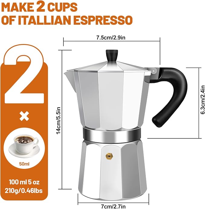 2 Cup Aluminum Espresso Stovetop Moka Pot Express Coffee Maker Percolator Italian Classic Mocha Coffee Machine for Italian and Cuban Cafe Brewing for Home & Camping 100ml 3.3oz - Image 2