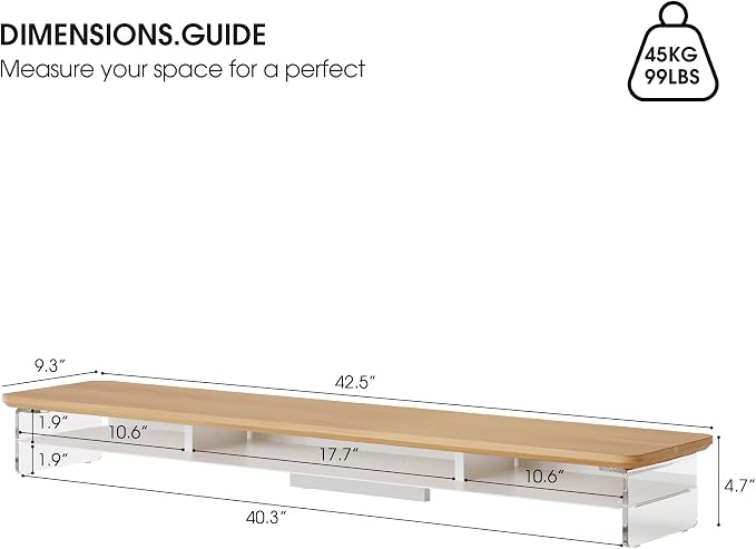Fenge 42.5" Dual Monitor Stand with Clear Acrylic Legs, Dark Oak | Clear acrylic, storage compartment, 2-tier home office monitor riser, wide large desktop shelf fit monitor/laptop/printer - Image 5