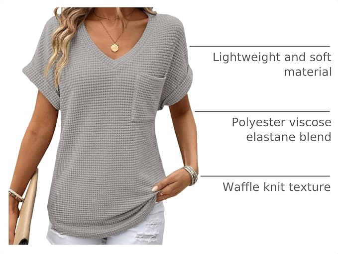 Dokotoo Womens Waffle Knit Tops 2026 Spring Summer V Neck Shirts Casual Trendy Women's Blouses Basic Tee - Image 4