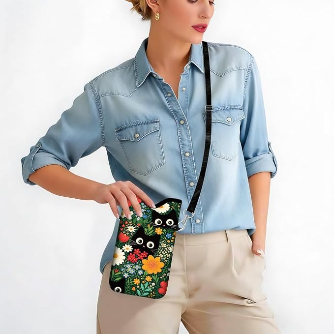 Cat Phone Pouch with Adjustable Strap Neck Lanyard Fits Most Smartphones 7.1 x 3.9 Inch Phone Crossbody Sleeve Black Cat Flower Pattern Neoprene Nylon Cellphone Carrying Case for Women Men - Image 6