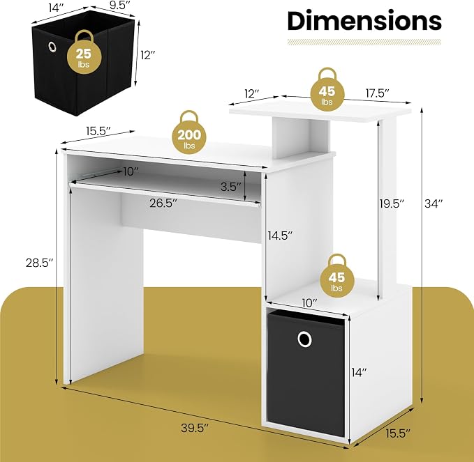 Tangkula Computer Desk with Fabric Drawer & Keyboard Tray, Space-Saving Study Writing Desk with Open Storage Shelves & Printer Stand, Modern Home Office Computer Workstation for Small Spaces (White) - Image 3