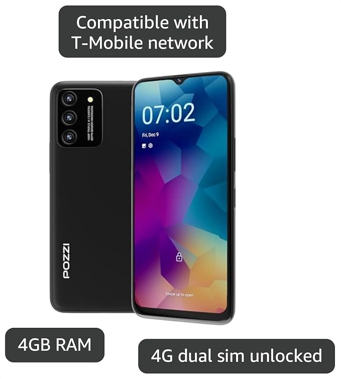 POZZI NEO 1, Unlocked Android Cell Phone for Kids and Seniors, 6.57 inch HD+ Display, 4GB RAM + 64GB, 5000mAh Battery, Dual SIM 4G LTE Smartphone, 16MP Triple AI Camera, Black, T-Mobile - Image 3