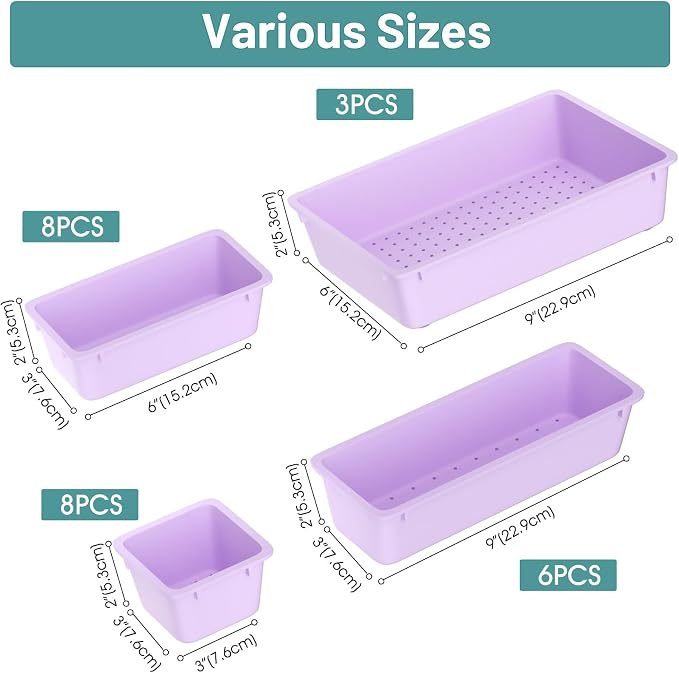 WOWBOX 25 PCS Plastic Drawer Organizer Set, 4 Sizes Desk Drawer Divider Organizers and Storage Bins for Makeup, Jewelry, Gadgets for Kitchen, Bedroom, Bathroom, Office, Purple - Image 2