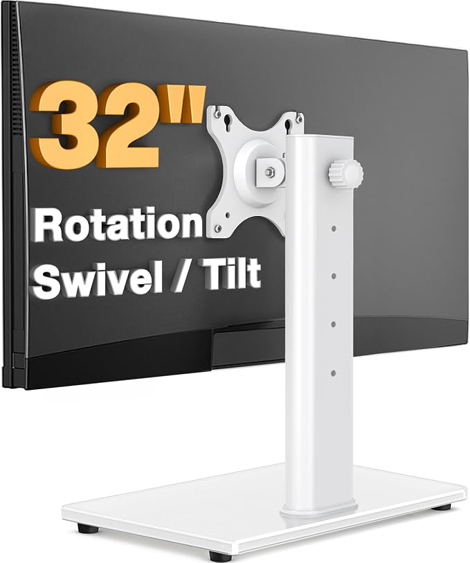 TAVR Furniture Single Monitor Stand VESA Mount for 13-32 Inch Screens | Free-Standing Monitor Riser with Swivel Tilt Rotation Height Adjustable, Universal Desk Stand up to 44lbs, White by TAVRFurniture