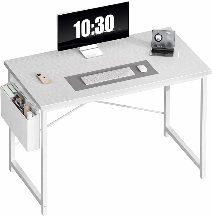 OLIXIS Computer Desk, 44 Inch Gaming Desks for Home Office Small Spaces | Writing Study Craft Work Table, Computer Workstation for Bedroom with Storage Bag, All White by OLIXIS