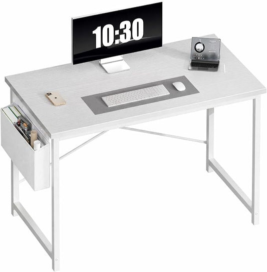 OLIXIS Computer Desk, 44 Inch Gaming Desks for Home Office Small Spaces | Writing Study Craft Work Table, Computer Workstation for Bedroom with Storage Bag, All White by OLIXIS