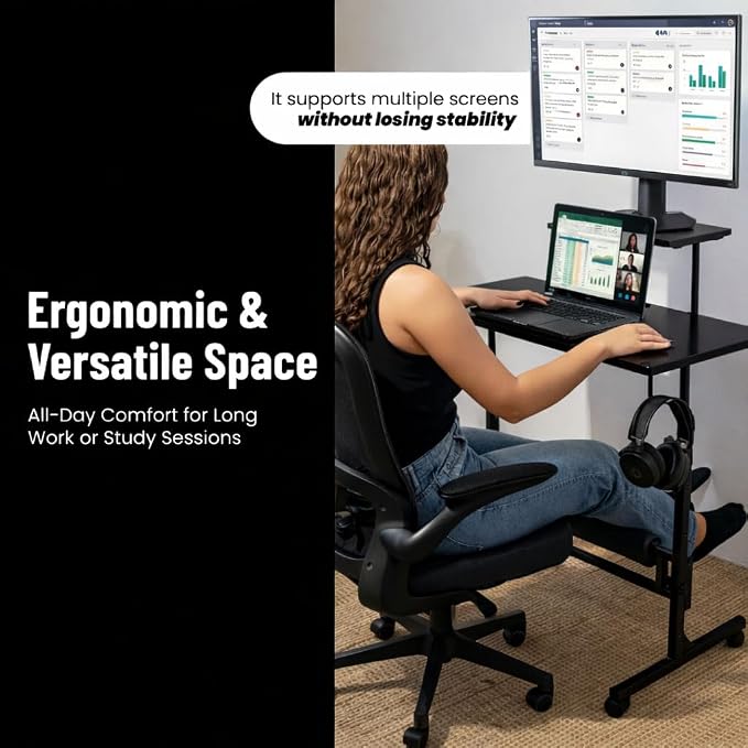 Small Rolling Desk with Wheels, Adjustable Height 27"-43.3" Portable Standing Desk, 31.5"x15.7" Tabletop, Mobile Laptop Computer Table for Home Office Workstation, Black - Image 4