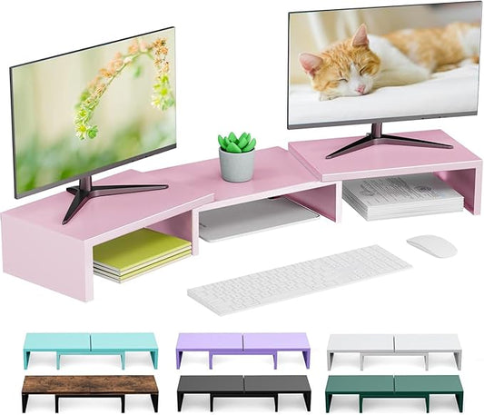 Dual Monitor Stand for Desk, Metal Monitor Riser, Pink office Supplies and Accessories (Pink) by OUTIOE