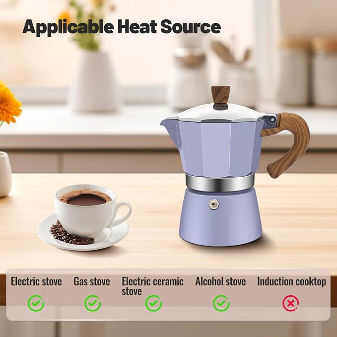 6 Cup Aluminum Moka Pot Classic Stovetop Espresso Coffee Maker 300ml 10oz Coffeemaker Percolator Mocha Pot Greca Coffee Maker Cafe Makers for Italian and Cuban Café Brewing Purple - Image 4