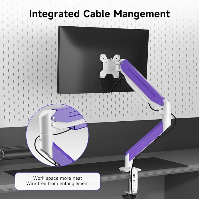 Suptek Monitor Mount Gas Spring Monitor Arm Desk Mount Fully Adjustable Fits 17 20 22 23 24 26 27 32 35 inch Monitors Weight Capacity up to 24.25 lbs (White+Purple, 17"-35") - Image 6
